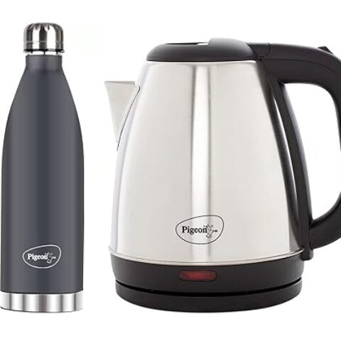 Pigeon 1.5 L Kettle With 1000 ml Aqua Flask (Pack of 2, Black, Steel) - Best Combination of Hot and Cold