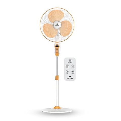 Havells 400mm BLDC Pedestal Fan | Remote Control | Upto 50% Less Power Usage | Sleep & Breeze Mode with Timer | Memory Backup | Jerk Free Oscillation, Smooth Swing Operation | White & Yellow | Sprint