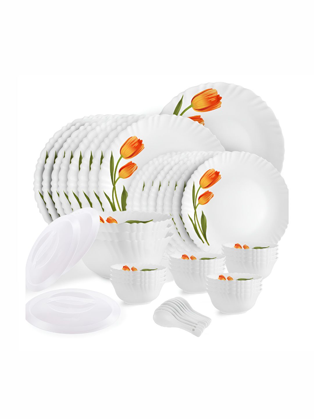 Dazzle White and Orange 47 Pieces Floral Printed Opalware Microwave Safe Dinner Set