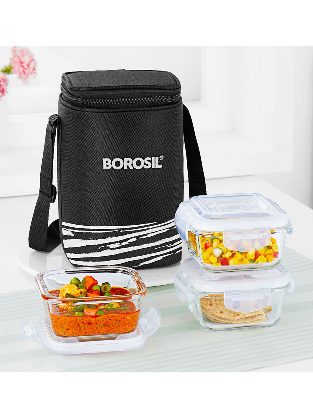 3-Pcs Black Printed Glass Lunch Box With Insulated Lunch Bag