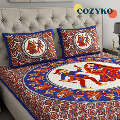 COZYKO 144 TC Cotton Double 3D Printed Flat Bedsheet (Pack of 1, Dandiya Blue)