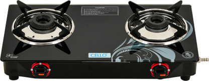 CELLO Crown 2 Burner Black Gas Cooktop,Toughened Glass, ISI Certified, 1 Year Warranty Glass Manual Gas Stove (2 Burners)