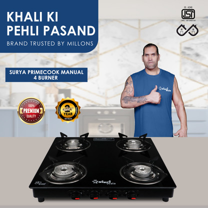 Sigri-wala Surya Primecook Manual DLX Glass Manual Gas Stove (4 Burners)