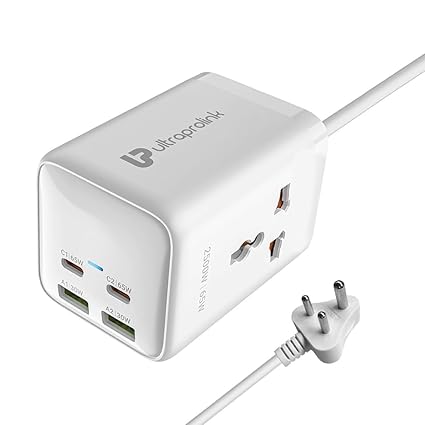 UltraProlink 6 in 1 65W PD GaN Fast Charger Multi Port station |2 Type-C (PD),2 USB-A Ports & 2AC Sockets with Surge Protection|Higher Device Safety with ISI approved 2m Heavy Duty Cable|Power Qube 65