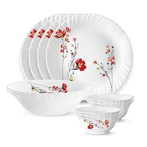 Larah by Borosil Chrys Red Opalware Dinner Set, 10 -Piece, White
