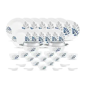 Diva by La Opala, Pearl Collection, Opal Glass Dinner Set 35 pcs, Indigo Bliss, White