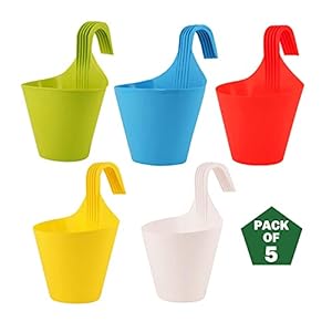Plastic Hanging Planters 5 Pcs (8 Inch, Multicolor) | Flower Hanging Pots for Home & Balcony Garden | Hanging Planters for Home Plants | Hooked Hanging Pots