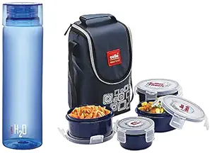Cello Max Fresh Click Polypropylene Lunch Box Set, 300ml, 4-Pieces, Blue & H2O Unbreakable Plastic Bottle, 1 Litre, Assorted Color Combo