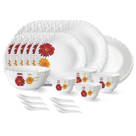 Larah by Borosil Zinnia Fluted Series Opalware Dinner Set for Family of 6