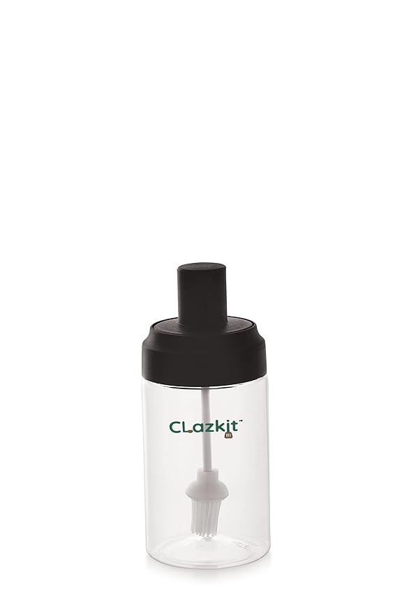 Clazkit Plastic Jar Oil & Liquid Storage Dispenser with Brush | Heat-Resistant, Food-Grade Safe, All-Purpose Cooking and Food Preparation Home & Restaurants-350ml