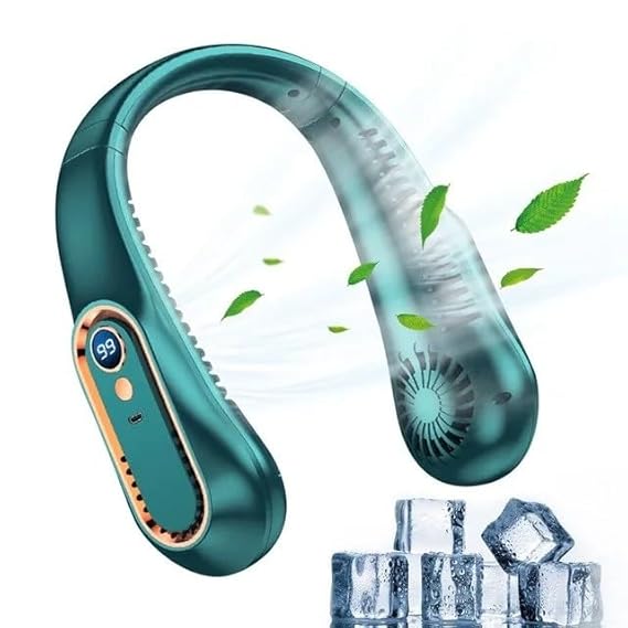 Ozoy Powerful Rechargeable Table Fan with LED Light for Home, Office Desk, High Speed, Table Fan For Kitchen (D03-NECK FAN-GREEN)