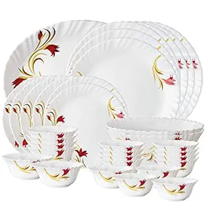 Larah by Borosil Fluted Series Red Lily Opalware Dinner Set | 33 Piece
