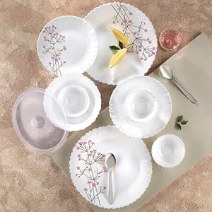 Larah by Borosil Silk Series Red Bud Opalware Dinner Set with Steel Spoon | 55 Pcs for Family of 8 | Microwave & Dishwasher Safe | Bone-Ash Free | Crockery Set for Dining & Gifting | Plates & Bowls