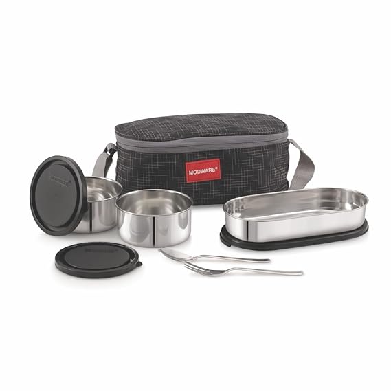 MODWARE Kodra 3 Pro Premium Stainless Steel Lunch Box Set with Leakproof Containers, Insulated Carry Bag, and Stainless Steel Cutlery – Ideal for Office, School, and Travel (Black)
