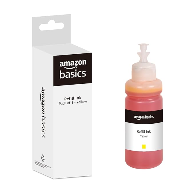 Amazon Basics T664 Refill Ink | Compatible with Epson L130/L360/L380/L361/L565/L210/L220/L310/L350/L355/L365/L385/L405/L455/L485 Printers | Leak-Proof (70ml, Yellow)