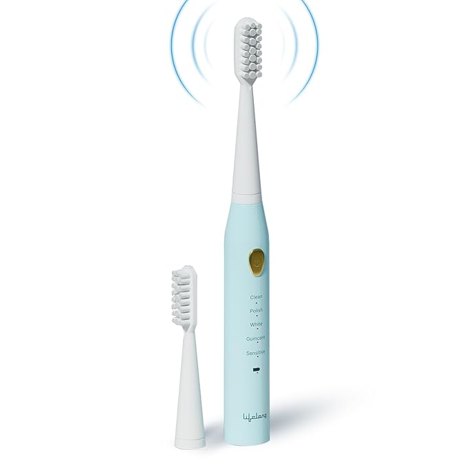 Lifelong Rechargeable Toothbrush for Adults - Smart Brush with 5 Cleaning Modes & Smart Auto Shut-Off - Waterproof Electronic Toothbrush with 2 Electric Heads, 500mAh Long-Lasting Battery (Blue, LLDC144)