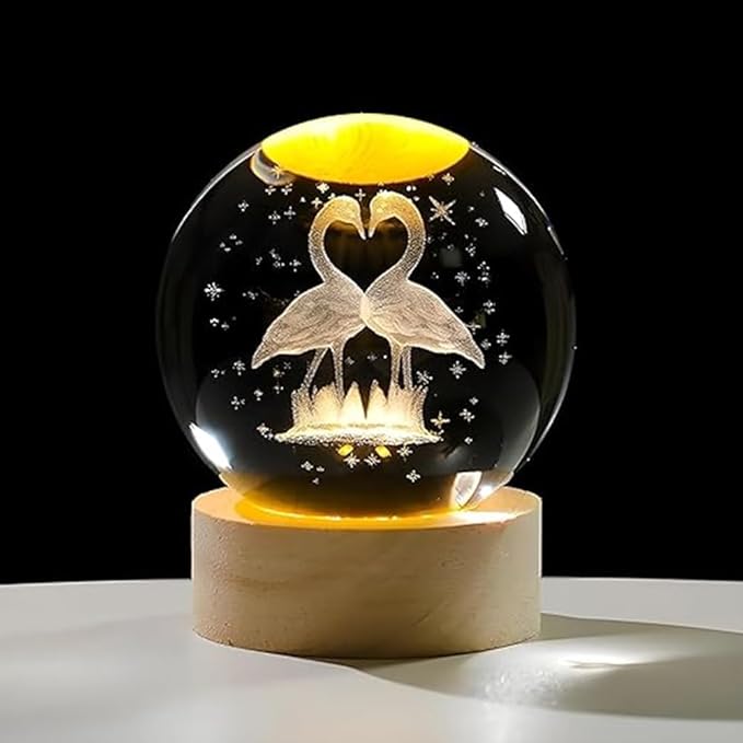3D Ball Night Light | Dimmable Engraved LED Glass Ball Table Lamp with USB and Wooden Base for Home Decor, Office, Birthday Gift & Kids Bedroom (3D Flamingo Crystal Ball Light)