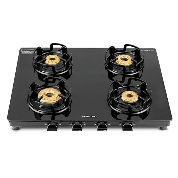 Bajaj GP4 Powder Coated Slim Glasstop Gas Stove, 4 Burner, with 1 Jumbo Burner, Black |Open