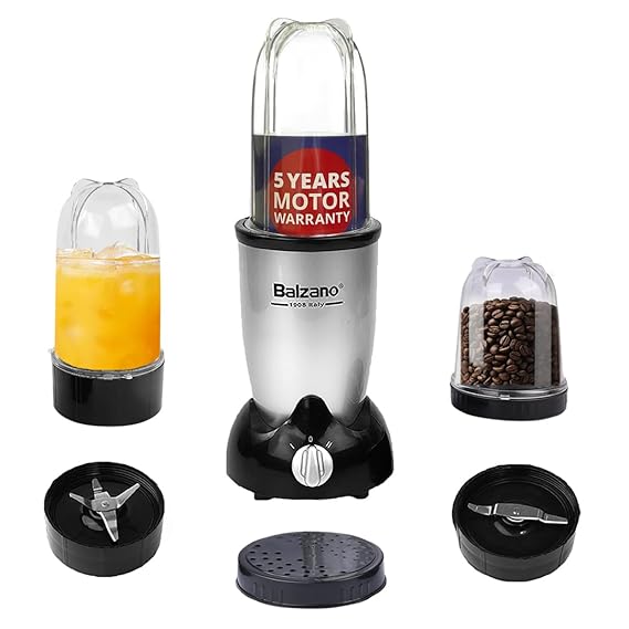 Balzano Bullet Mixer Grinder 500W, 3 Jars, 2 Blades, Italian Premium Brand, Pulse Function, Blender for Smoothies and Juices/Smoothie Maker, Portable Blender, Blender for Kitchen, Silver