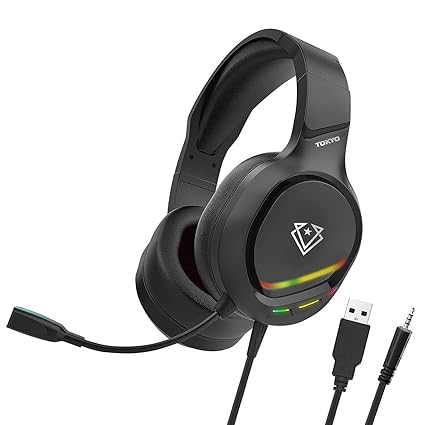 Tokyo Gaming Headset | Over-Ear Noise-Isolating | Omni-Directional Mic RGB Light | 50mm Distortion-Free Drivers | Detachable Headset for PS4, Laptop, PS5, PC, iMac- Black