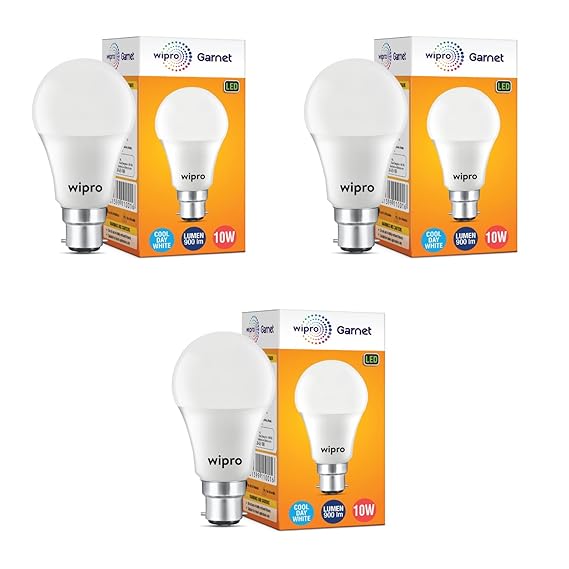 Wipro Garnet 10W LED Bulb for Home & Office |Cool Day White (6500K) | B22 Base|220 degree Light coverage |4Kv Surge Protection |400V High Voltage Protection |Energy Efficient | Pack of 3
