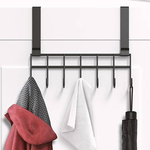 Over The Door Hook Hanger, Hanging Organizer Rack Steel Door Hook Hanger Wall Hook Rack (7 Hooks) (Black)
