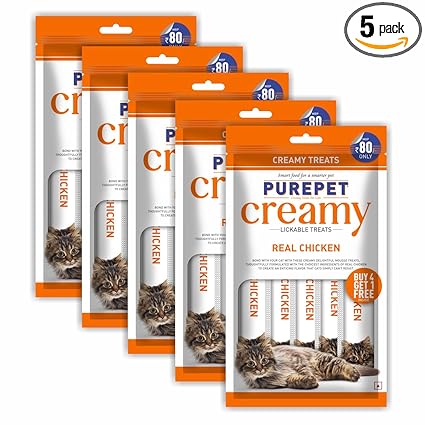 PUREPET Creamy Lickable Cat Treats Real Chicken, Pack of 5 X 75 G, Total 375 G for All Life Stages