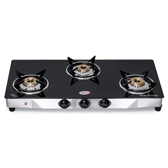 HORNBILLS LPG Premium Design 7MM Toughened Glass Stainless Steel Automatic Ignition Gas Stove 3 Brass Burners 2 Year Warranty By Hornbills Appliances