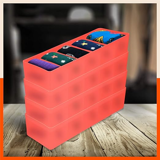 Bathla DORI (Set of 4) Multi-purpose Stackable Drawer Storage Organiser | Organise Socks, Innerwear, Tie, Handkerchief, Jewellery, Stationary, Belt etc.| Melon | 5 Grids