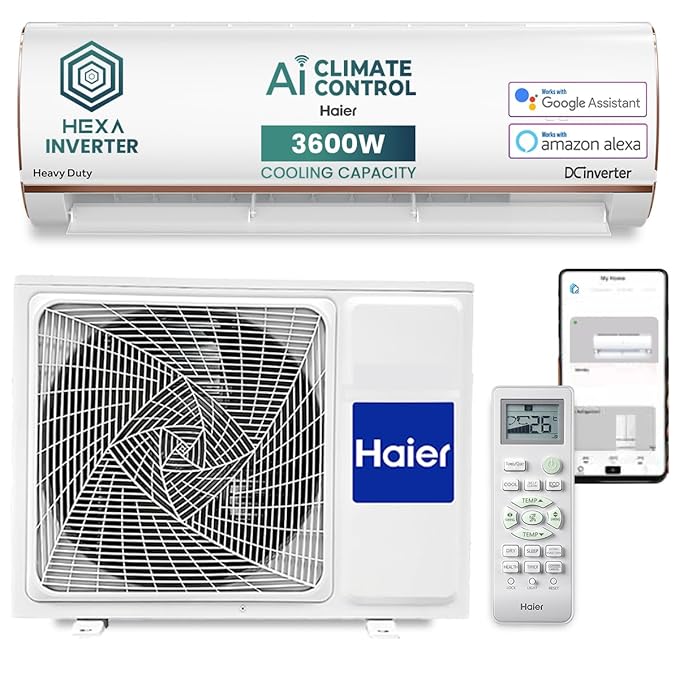 Haier 1 Ton 5 Star AI Climate Control Smart Split AC (3600W, Copper, Wi-Fi, Heavy Duty, 4 Way Swing, Frost Self Clean, HD Filter, Cools at 60C, 20 Mtrs Air Throw - HSU14K-PYAIR5BN-INV, White)