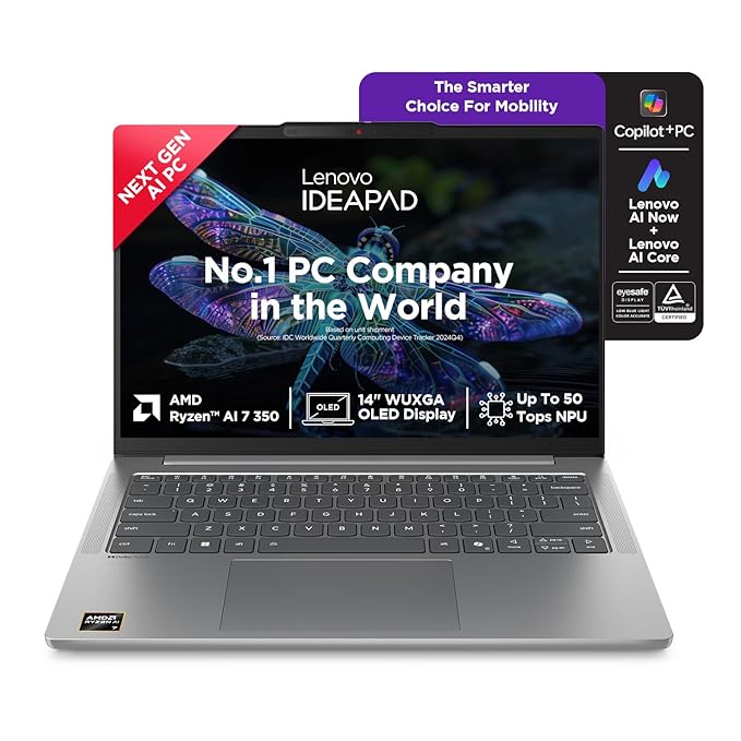 Lenovo IdeaPad Slim 5 AMD Ryzen AI 7 350 (24GB RAM/1TB SSD/14 (35.5cm)/WUXGA OLED AI Now/Copilot+ PC/Windows 11/Office Home 2024/Backlit Keyboard/1Yr ADP Free/Grey/1.4Kg), 83HX001NIN AI Laptop