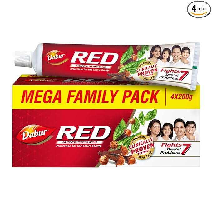 Dabur Red Toothpaste - 800g (200g x 4) | World's No.1 Ayurvedic Paste | Provides Germ Protection, Cavity Protection, Plaque Removal | Prevents Gum Bleeding, Yellow Teeth, Toothache, Bad Breath