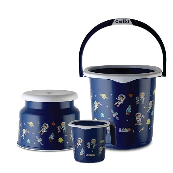 Cello Kidzbee Cosmic Explorer Splash Bathroom Set | Sturdy and Durable | Lightweight and Rigid | Easy to Clean and Attractive Design | Blue, Set of 3