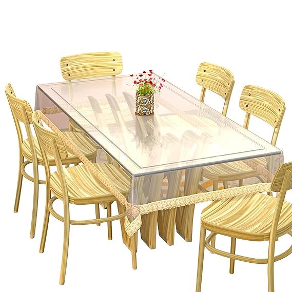 PVC 6 Seater Transparent Dining Table Cover with Golden Lace