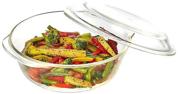Amazon Brand - Solimo Borosilicate Glass Casserole-Cum-Serving Bowl with Lid, Safe for Use in Oven and Microwave (Deep Round, 2,000 Ml)