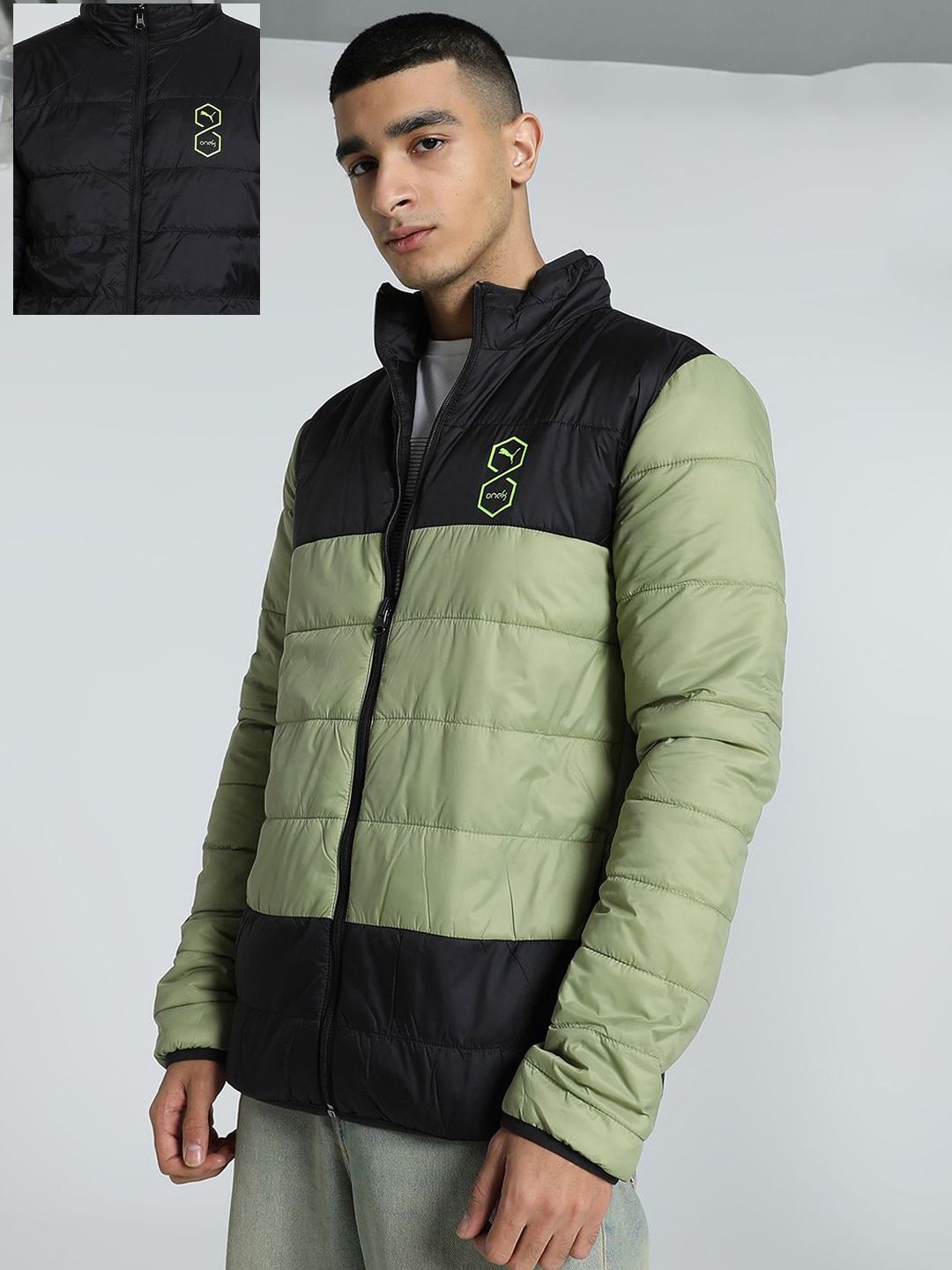 Men Colourblocked Reversible Outdoor Puffer Jacket with Patchwork