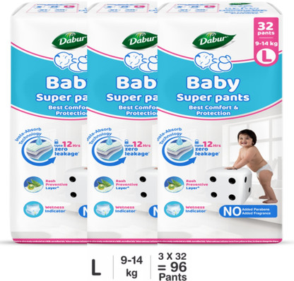 Dabur Baby Super Pants | Diaper Infused with Aloe Vera, Shea Butter & Vitamin E | Insta-Absorb Technology - L (96 Pieces)