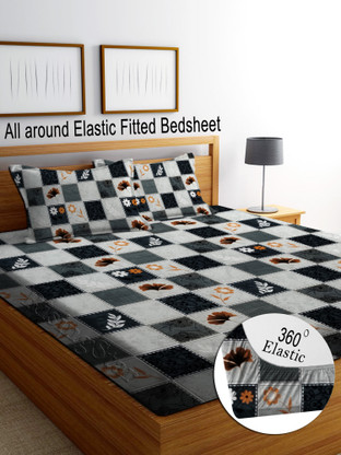 RisingStar 250 TC Cotton King Striped Fitted (Elastic) Bedsheet (Pack of 1, Fitted_CheckBlack Grey)