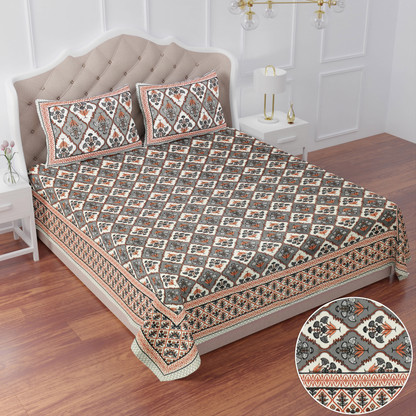 BharatLinen 260 TC Cotton King Jaipuri Prints Flat Bedsheet (Pack of 1, Grey)