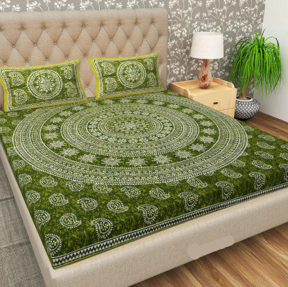 BharatLinen 144 TC Cotton King Jaipuri Prints Flat Bedsheet (Pack of 1, Green)