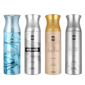 Ajmal AVID Pour Homme, Silver Shade, Shadow, and Evoke Silver Edition Him Deodorant Perfume 200ML Each - Pack of 4 for Men