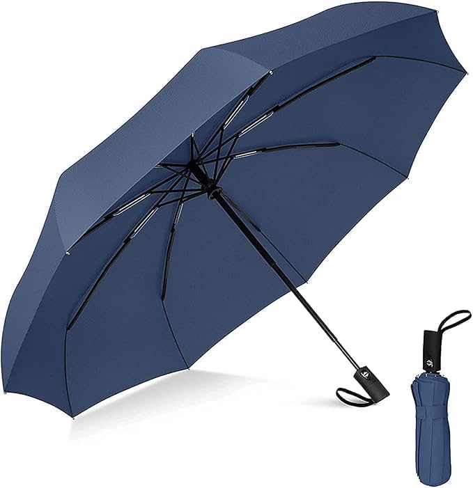 Portable Auto Travel Umbrella - Windproof for Rain, Strong for Wind, Auto Open/Close Button, Perfect Car Umbrella for Men & Women (Black)