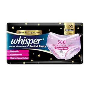 Whisper Super Absorbent Period Panty, 12 L-XL Pants, 360 Degree Leakage Protection for Heavy Flow, Panty like Fit for Full back Coverage, Absorbs Heavy Gushes, Silky Soft, Comfortable Feel