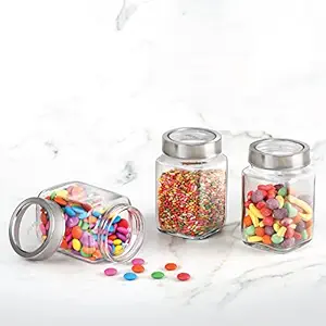 CELLO Qube Fresh Glass Storage Jar | Container with Air tight Silver Metal Lid