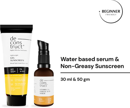 Deconstruct Sunscreen - SPF 50 PA+++ Sun Protect Duo | 10% Vitamin C Face Serum (30 ml) + Gel Sunscreen (50 ml)
