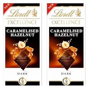 Lindt's Excellence Caramelised Hazelnut And Crispy Caramel Pieces With Rich And Smooth Dark Chocolate 100g (Pack of 2)