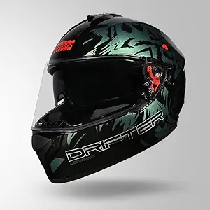 STUDDS Drifter D2 Leopard Chameleon Graphic ISI & DOT Certified Full FACE Helmet Inner Sun Visor and Spoiler (Black - L)