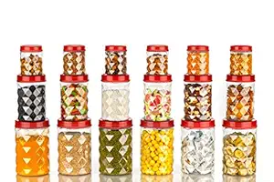 Tosaa Plastic Pet Storage Jar and Container Set of 18 (6 x 120ml, 6 x 650ml, 6 x 1.20ltrs), Red, Air Tight, Kitchen Organiser, BPA Free, Stackable