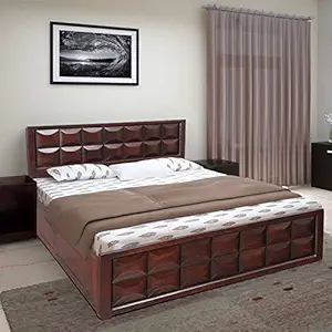 HomeTown Florence Acacia Wood Box Storage Queen Size Bed in Walnut Colour
