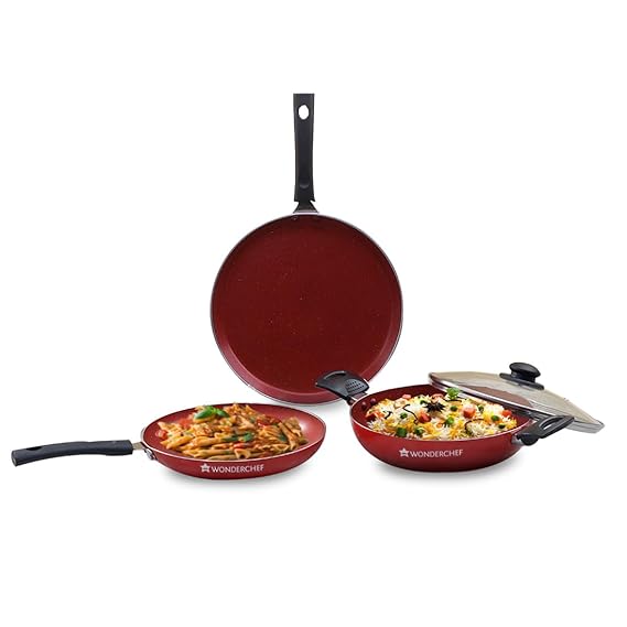 Wonderchef Valencia Non-Stick Cookware 4 Piece Set | Kadhai with Lid 24 cm, Fry Pan 24 cm, Dosa Tawa 28 cm | Cool Touch Bakelite Handles | Pure Grade Aluminium| PFOA Free| 2 Years Warranty | Red